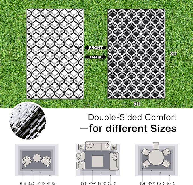OLANLY Reversible Outdoor Rug 5x8 ft Clearance, Waterproof Outdoor Plastic Straw Rug with Interlacing Pattern, RV Mat for Patio, Camping, Balcony, Deck, Backyard, Black & White-Ruum Studio Home