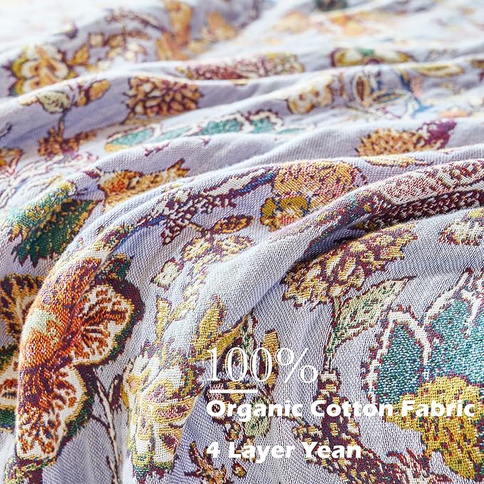 Boho Throw Blanket 91" x 98", 100% Organic Cotton Breathable Ultra Soft Bed Purple Quilt Throw - All Season Luxury Floral Farmhouse Decor Blanket for Sofa Couch Chair and Gift.-Ruum Studio Home