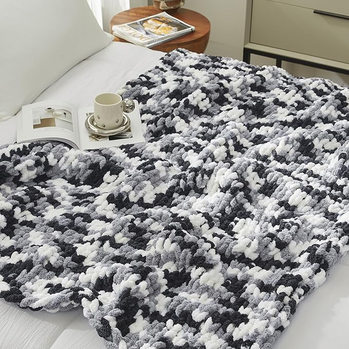 Amélie Home Chunky Knit Throw Blanket for Couch, Soft Chenille Crochet Blanket for Sofa, 50"x60", Space-Dyed Black-Ruum Studio Home