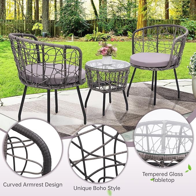 Kromax 3 Piece Bistro Set, Modern Outdoor Wicker Patio Furniture with Tempered Glass Table Top and 2 Chairs, Washable Cushions, Grey Rattan and Grey Cushion-Ruum Studio Home