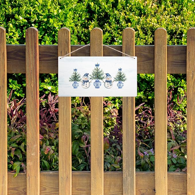 DUXMNAMG Chinoiserie Snowman Winter Hanging Wooden Signs 12x6, Blue and White Porcelain Snowman Sign, Winter ChristmasTree Blue Bow Snowman Chinoiserie Signs for Home Room Office Hanging Wall Decor-Ruum Studio Home