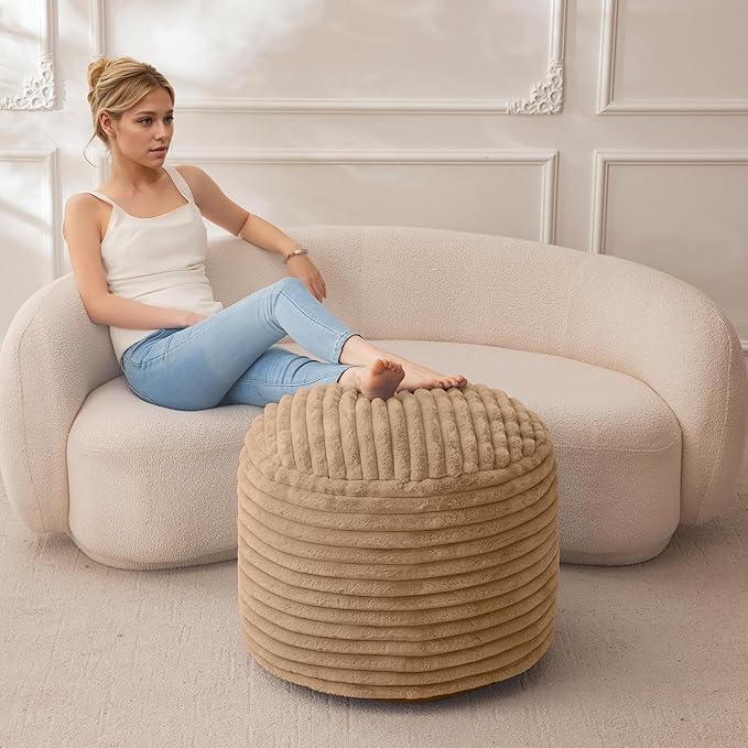 HIGOGOGO Round Stuffed Pouf Ottoman, Corduroy Poufs with High-Density Foam Filling, Furry and Fluffy Pouf Foot Stool Storage Ottoman, 20 X 15 Floor Poufs Foot Rest for Living Room, Brown-Ruum Studio Home