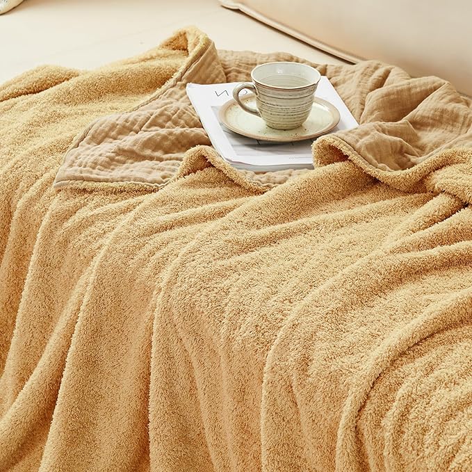 EMME Muslin and Fleece Throw Blanket Reversible - 50"*60" Beige Soft Warm Throw Blankets for Couch Bed Picnic Travel Bed-Ruum Studio Home