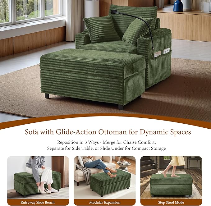 Accent Chair with Storage Ottoman Upholstered Living Room Chairs for Reading Chair with Chaise Lounge Chairs Indoor, Comfortable Armchair for Bedroom-Ruum Studio Home