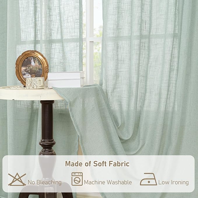 LAMIT Living Room Linen Curtains 95 Inch for Bedroom, Bronze Grommet Linen Textured Sheer Curtains Light Filtering Burlap Drapes for Farmhouse, 2 Panels, 52 x 95 Inch, Light Sage-Ruum Studio Home