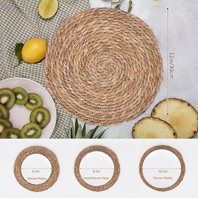 Defined Deco Woven Placemats Set of 10,12" Round Rattan Placemats,Natural Hand-Woven Water Hyacinth Placemats,Farmhouse Weave Place Mats,Rustic Braided Wicker Table Mats for Dining Table,Home,Wedding.-Ruum Studio Home