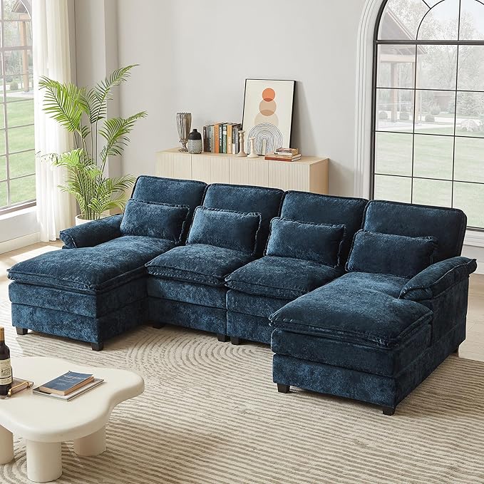 113" Oversized Cloud Couch, U Shape Sectional 4 Seat Sofa with Double Chaises, 2 Layer Cusions, Deep Seat Comfy Sofa, Upholstery Chenille Fabric for Living Room, Blue-Ruum Studio Home