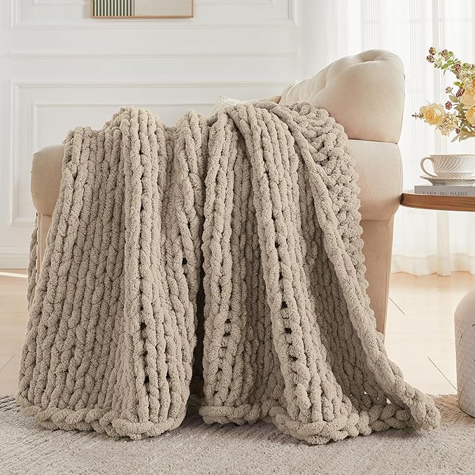 Carriediosa Chunky Knit Throw Blanket 60" X 80" Twin, 100% Hand Made Large Chenille Loop Yarn Soft Fluffy Throws for Couch Sofa Bed, Big Crochet Cozy Heavy Thick Cable Woven Blankets, Taupe-Ruum Studio Home