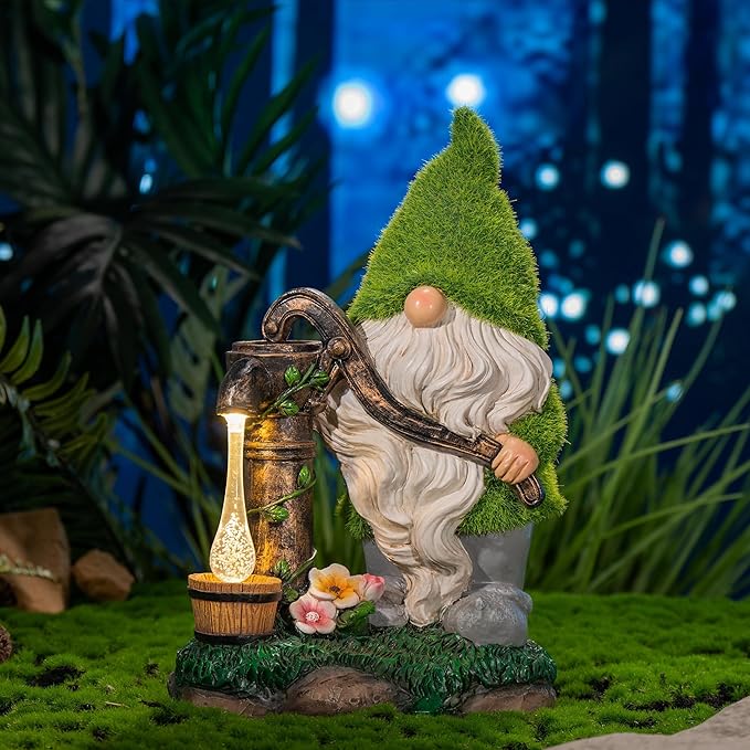 TERESA'S COLLECTIONS Garden Gnomes Decor with Solar Lights, Fathers Gifts, Green Outdoor Resin Decorations for Porch Patio, Gnome Ornaments for Dad and Mom，9"-Ruum Studio Home