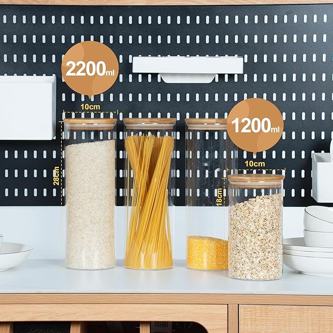 70oz Straight cylindrical Airtight Storage Jars with Bamboo Lid Set of 3 Storage Container Glass Jars, Kitchen Canister for Noodles, Pasta and Coffee beans (‎with Black Lable)-Ruum Studio Home