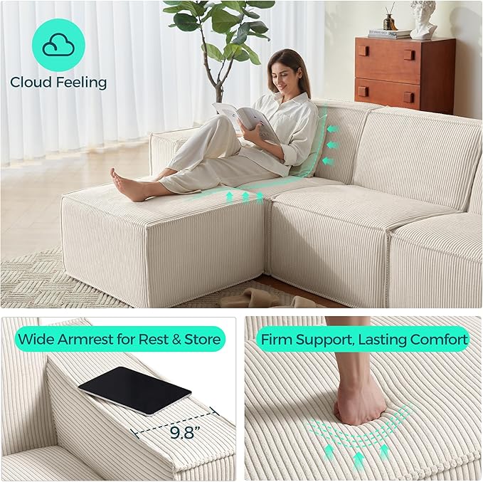 LINSY HOME Oversized Modular Sectional Sofa, 105" Cloud Couch L Shaped 3-Seat Sofa with 2 Movable Ottomans, Corduroy Sectional Couches for Living Room, No Assembly Required, Beige-Ruum Studio Home