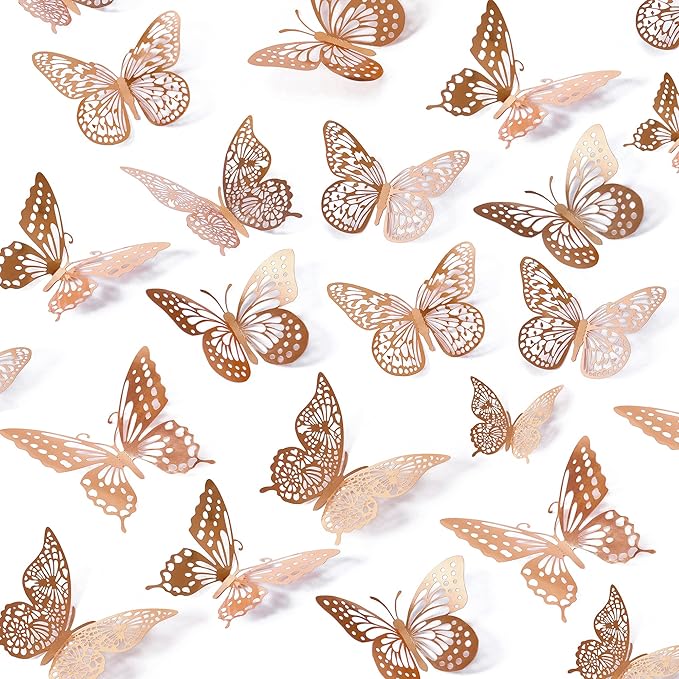 SAOROPEB 3D Butterfly Wall Decor, 48 Pcs 4 Styles 3 Sizes, Removable Metallic Wall Sticker Room Mural Decals for Kids Bedroom Nursery Classroom Party Decoration Wedding Decor DIY Gift (Rose Gold)-Ruum Studio Home