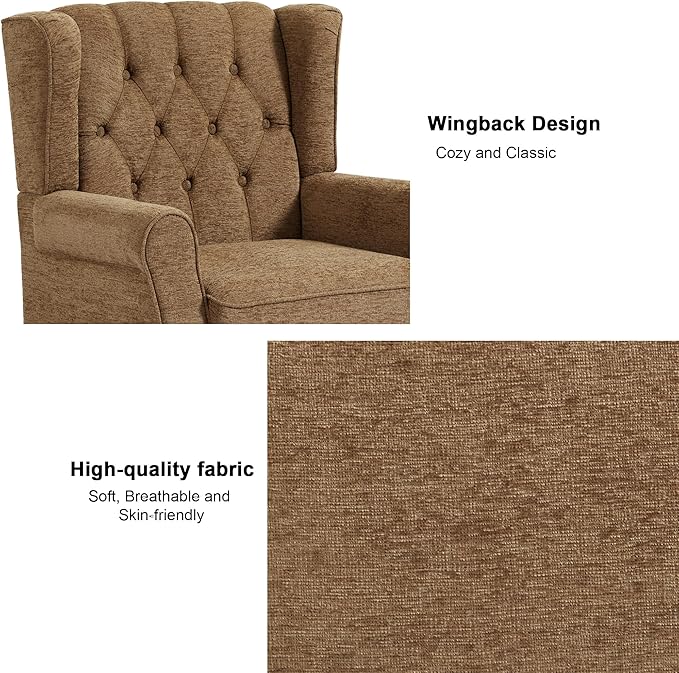 Accent Chair, Upholstered Armchair with Button Tufted High Back & Solid Wood Legs, Comfy Wingback Reading Single Sofa Chair for Small Spaces, Living Room, Bedroom (Brown, Set of 1)-Ruum Studio Home