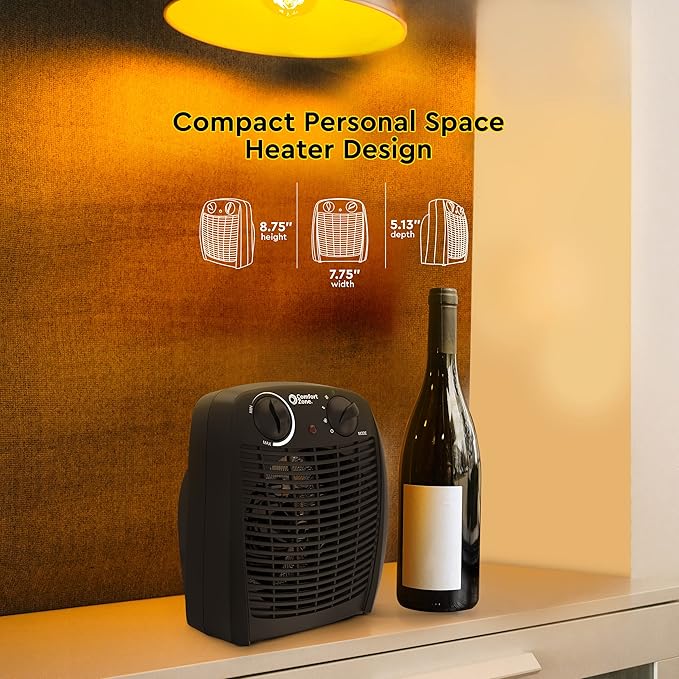Comfort Zone Indoor Space Heater with Adjustable Thermostat, Fan Forced, Electric, Overheat Protection, Safety Tip-Over Switch, Energy Efficient, Ideal for Home, Bedroom, & Office, 1,500W, CZ45EBK-Ruum Studio Home