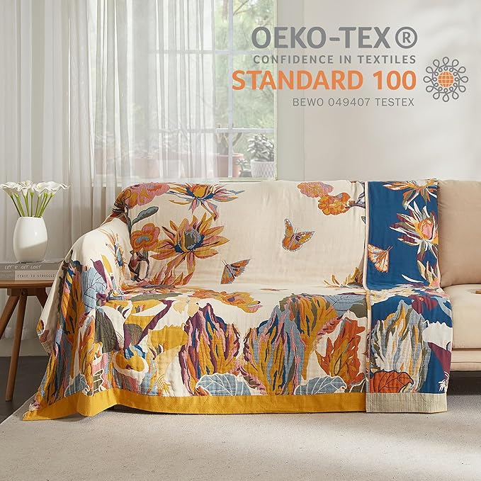 Boho Throw Blanket for Bed 90”x98”, 100% Cotton Woven Blanket for Couch Sofa, Ultra Soft 4-Layer Muslin Quilt with Vintage Floral Printed, Farmhouse Bed Blanket/Cover for Living Room Decor-Ruum Studio Home