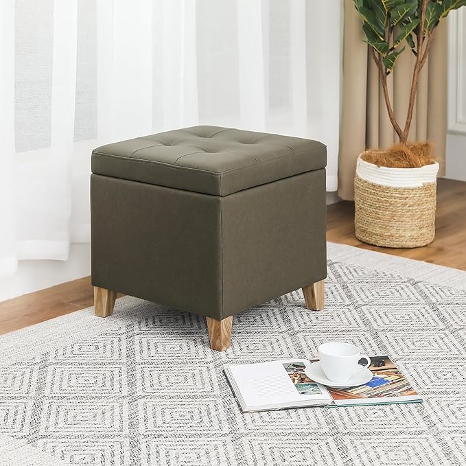 Adeco Fabric Storage Ottoman Bench with Solid Wood Legs, 17.7" Square Olive Green Leathaire Cube Foot Stool, Upholstered Button Tufted Vanity Chair with Hinged Lid for Living Room, Bedroom, Dorm-Ruum Studio Home