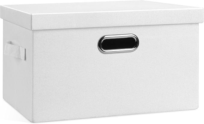 Medium 15" 21 Quart Collapsible Stackable Storage Bins with Lids, 1 Pack White Foldable Fabric Closet Storage Boxes with Lids, 4 Handles Heavy-duty Linen Cube Baskets for Bedroom-Ruum Studio Home