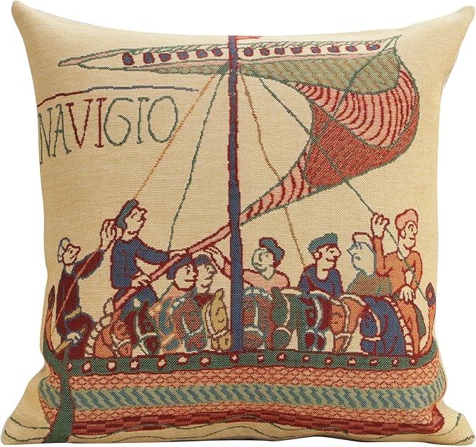 Charlotte Home Furnishings Bayeux Navigo Throw Pillow Cover 16" x 16" – Medieval Ship Decorative Tapestry Cushion Case for Sofa, Couch, & Bed | Cotton Jacquard Woven in Europe | Insert Not Included-Ruum Studio Home