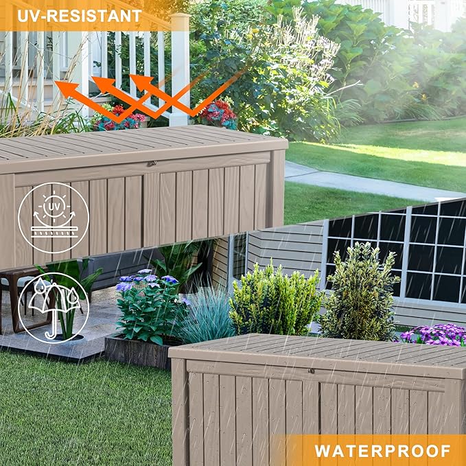 120 Gallon Outdoor Deck Box,Storage Lockable Waterproof Patio Furniture,Garden Tools,Cushions,Pool Accessories Outside Storage Resin Box(Grey)-Ruum Studio Home