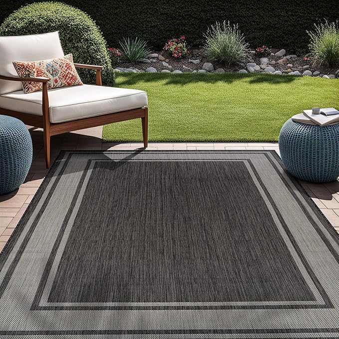 Beverly Rug Large Outdoor Rug 9x12 Modern Bordered Area Rugs for Indoor and Outdoor Patio Deck Porch Garden Waterproof Weather Sun Resistant Washable Outside Carpet (9 x 12 Dark Gray)-Ruum Studio Home