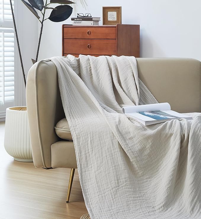 100% Cotton Muslin Throw Blanket for Bed, Couch, Small, Decorative, Soft, Pre-Washed, Breathable and Lightweight Gauze Blanket with Fringes, Suitable for All Seasons, Linen Grey, 50"x60"-Ruum Studio Home
