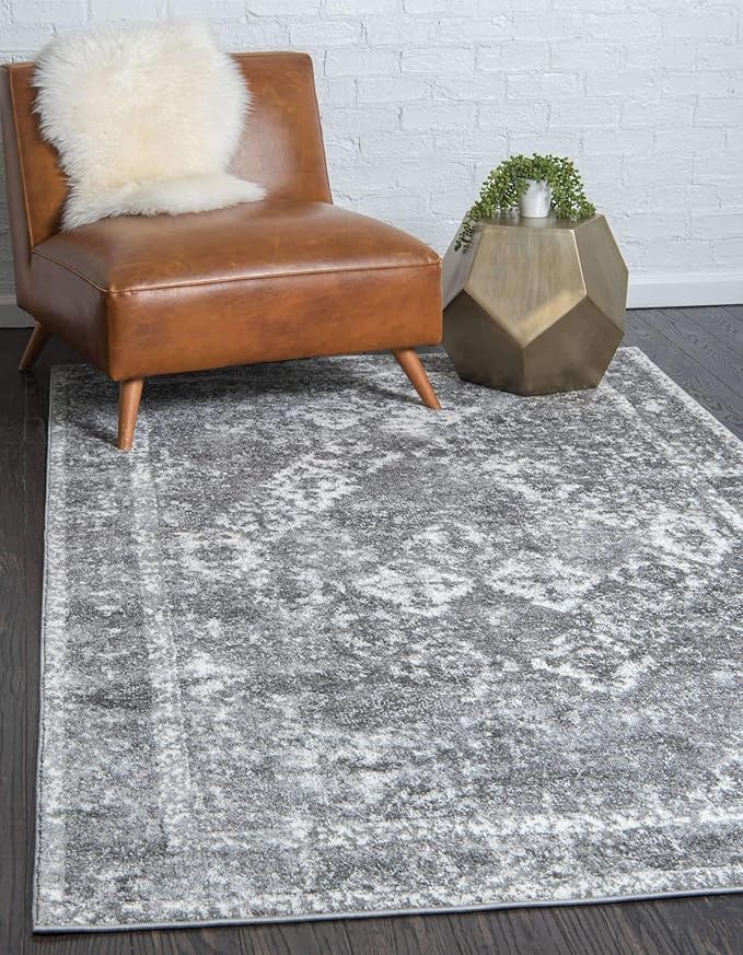 Unique Loom Rosso Collection Vintage, Traditional, Bohemian, Geometric, Distressed, Southwestern Area Rug, 5' 0" x 8' 0", Gray/Ivory-Ruum Studio Home