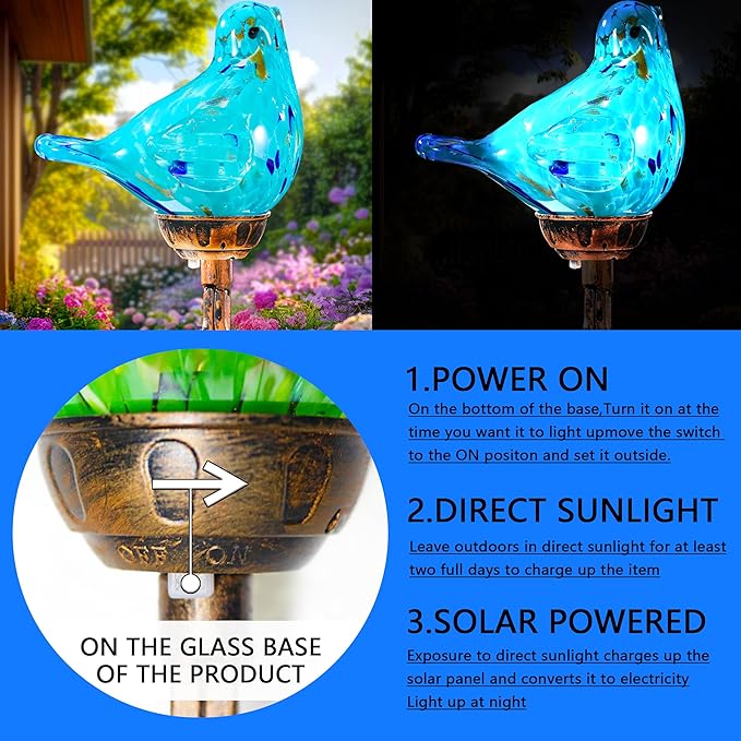 Decorative Solar Lights, Outdoor Solar Bird Stake Lights, Hand Blown Glass Decorative Garden Pathway Lights Outdoor Waterproof Glass Stakes (Light Blue)-Ruum Studio Home