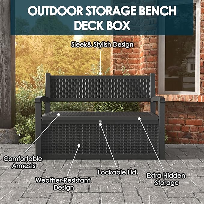 70 Gallon Storage Bench Deck Box for Patio Furniture with Armrest Bench Outdoor Storage-Ruum Studio Home