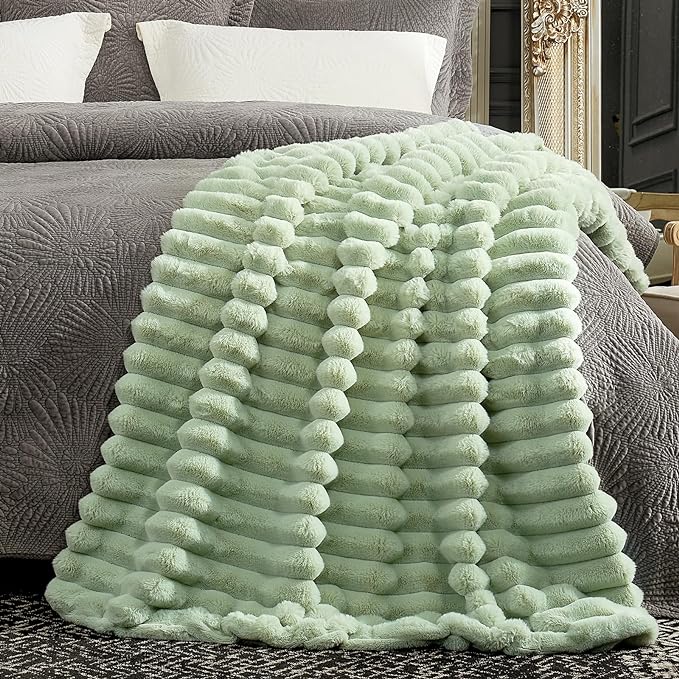 Cozy Bliss Faux Fur Throw Blanket for Couch, Cozy Warm Plush Striped Blanket for Sofa Bedroom Living Room, 60 * 80 Inches Sage Green-Ruum Studio Home