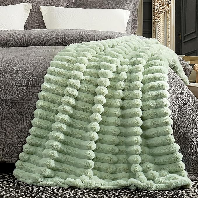 Cozy Bliss Faux Fur Throw Blanket for Couch, Cozy Warm Plush Striped Blanket for Sofa Bedroom Living Room, 50 * 60 Inches Sage Green-Ruum Studio Home