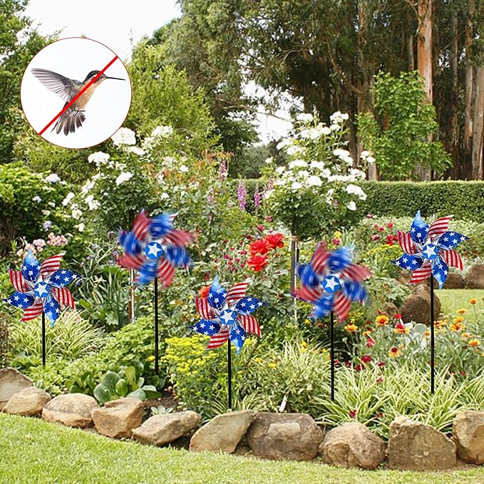 Hausse 10 Pack Reflective Pinwheels Patriotic Decorations, American Flag on Stick Wind Spinner with Stake for Independence Day, Memorial Day July of 4th Party Supplies, Scare Birds Repellent Devices-Ruum Studio Home