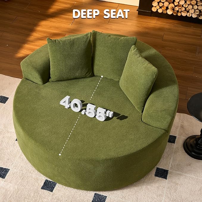ovios 58" Oversized Round Chair Lounge Chaise Indoor, No Assembly Required, Cloud Large Circle Chair with Plush Fuax Fur, Fluffy Modern Sleeper Sofa Bed for Reading Yoga, Green (Cloud Velvet)-Ruum Studio Home