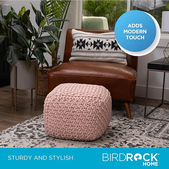 BIRDROCK HOME Square Pouf Ottoman | Cotton Braided Foot Stool with Bean Bag Filling | Boho Foot Rest for Living Room, Bedroom | Compact & Comfortable Seating, Lightweight & Sturdy | Dusty Rose-Ruum Studio Home