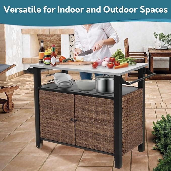 Grill Cart Outdoor with Wheels, Outdoor Prep Table with Wicker Storage and Rolling Wheels, Kitchen Island Serving Cart with Stainless Steel Table Top for BBQ, Porch, Patio, Brown-Ruum Studio Home