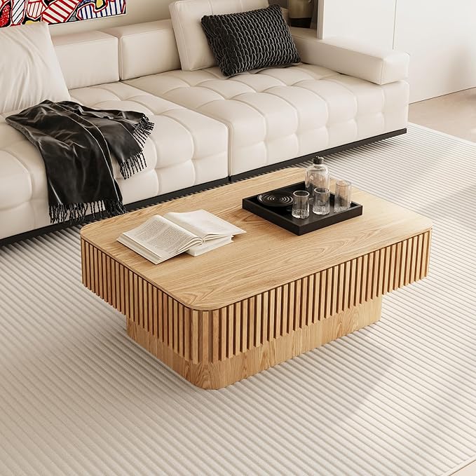 Lift Top Coffee Table with Storage, Solid Wood Coffee Table with Adjustable Height, Fluted Center Table Accent Tea Table for Living Room, Apartment, Office (38.6" Natuall)-Ruum Studio Home