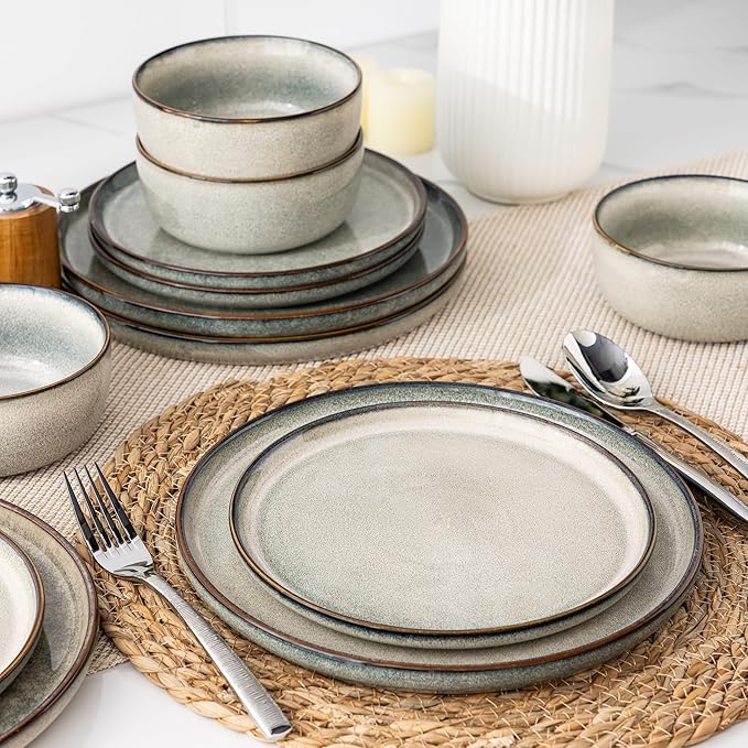 GBHOME Ceramic Dinnerware Sets for 6, 18 Pieces Stoneware Plates and Bowls Sets, Reactive Glaze Dishes -Scratch Resistant, Dishwasher&Microwave Safe, Green Wheat-Ruum Studio Home