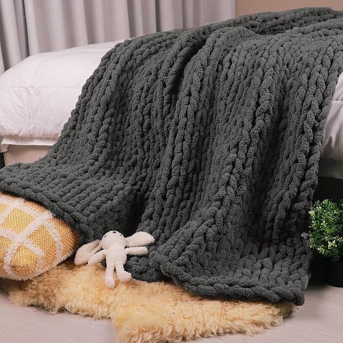 Carriediosa Chunky Knit Throw Blanket 60" X 80" Twin, 100% Hand Made Large Chenille Loop Yarn Soft Fluffy Throws for Couch Sofa Bed, Big Crochet Cozy Heavy Thick Cable Woven Blankets, Dark Grey-Ruum Studio Home