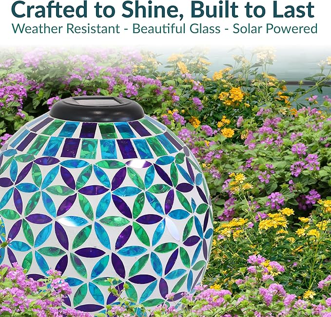 Sunnydaze Cool Blooms 10" Mosaic Glass Garden Gazing Globe with LED Solar Light - Set of 2-Ruum Studio Home