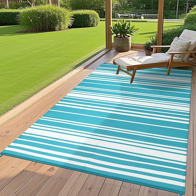 Outdoor Patio Rug 9x12 Stain-Resistant Reversible Camping Mat, Modern Striped Outdoor Plastic Straw Rug, Waterproof Outside Carpet, Easy to Clean for RV, Porch, Deck, Balcony, Light Blue-Ruum Studio Home