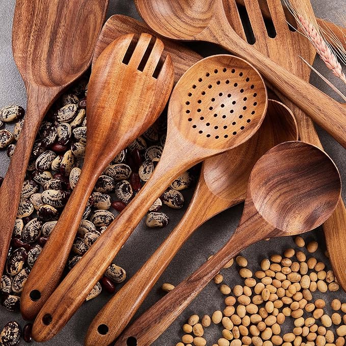 Wooden Kitchen Utensils Set,GUDAMAYE 9 PCE Natural Teak Wooden Spoons For Non-stick Pan for Cooking,-Ruum Studio Home