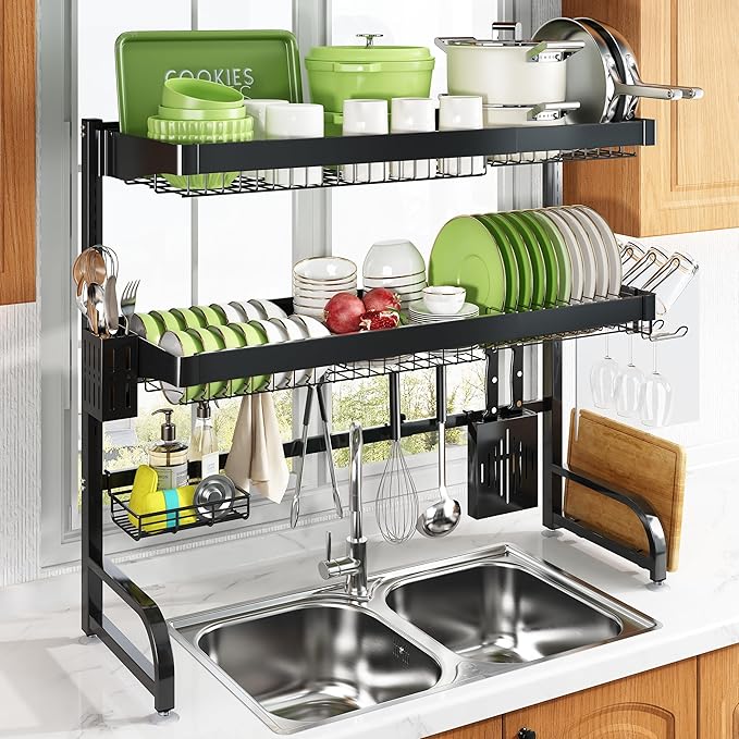 3 Tier Extra Large Stainless Steel Expandable Over The Sink Dish Drainer Drying Rack, Rust Proof Metal, Space Saving, Modern Black Big Capacity Extendable Plate Strainers Above Kitchen Counter-Ruum Studio Home