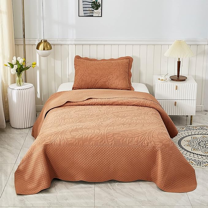 MarCielo 3-Piece 100% Cotton Oversized Bedspread Lightweight Quilt Coverlet Embroidery Farmhouse Bedding Set T0 (Royal Orange, Twin (68"x86"))-Ruum Studio Home