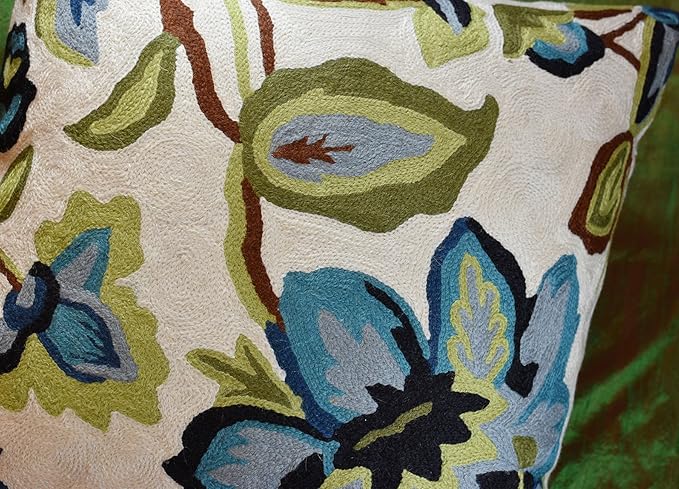 Modern Cream Decorative Floral Pillow Cover Needlepoint White Flower Hand Embroidered Pillowcase Flowery Outdoor Suzani Accent Cushion Boho Chair Modern Chair Pillowsham Wool Size 18x18-Ruum Studio Home