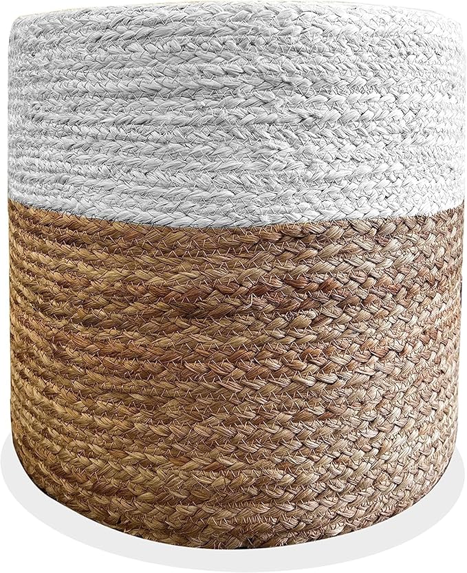 Jute Pouf Ottoman | Footrest Pouf | Hand Braided - Round Boho Pouffe - for Living Room, Bedroom, Nursery (16"x16"x16") Ivory-Ruum Studio Home