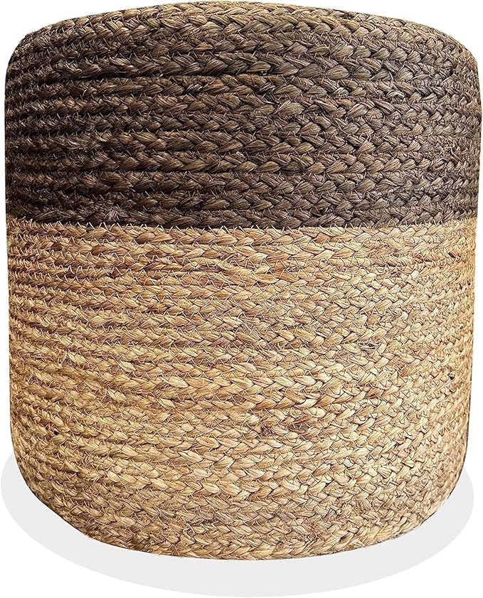 Jute Pouf Ottoman | Footrest Pouf | Hand Braided - Round Boho Pouffe - for Living Room, Bedroom, Nursery (16"x16"x16") Grey-Ruum Studio Home