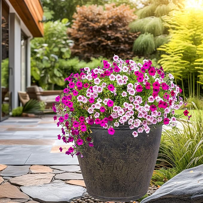 Sunnydaze 24-Inch Anjelica Large Plastic Pot for Plants - Outdoor Polyresin Round Planter with Drillable Drainage Holes - Sable - 2pk-Ruum Studio Home