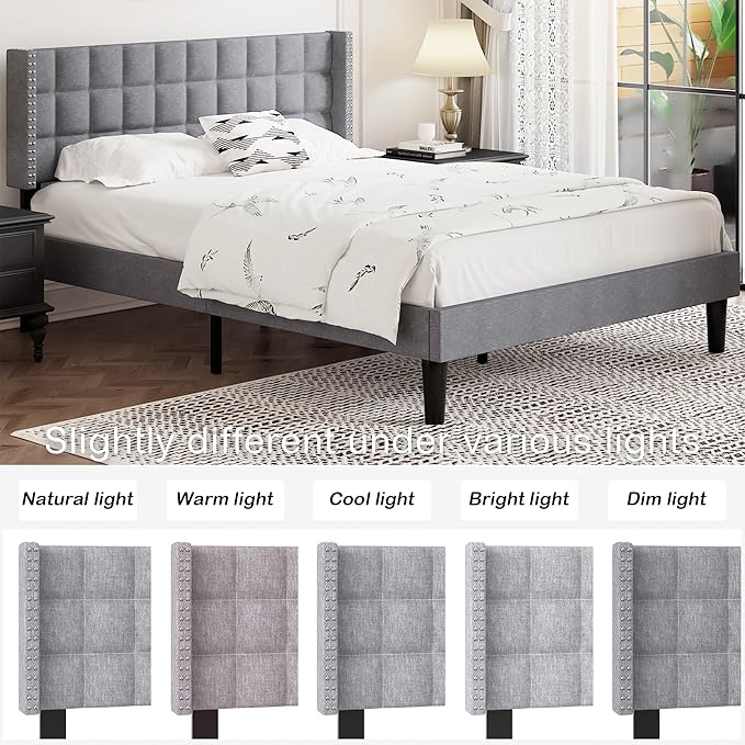 VECELO Headboard Queen Size, Linen Upholstered Headboards Only with Nailhead Trim Wingback, Square Stitched Design, Adjustable Height from 40" to 49.8", Light Grey-Ruum Studio Home
