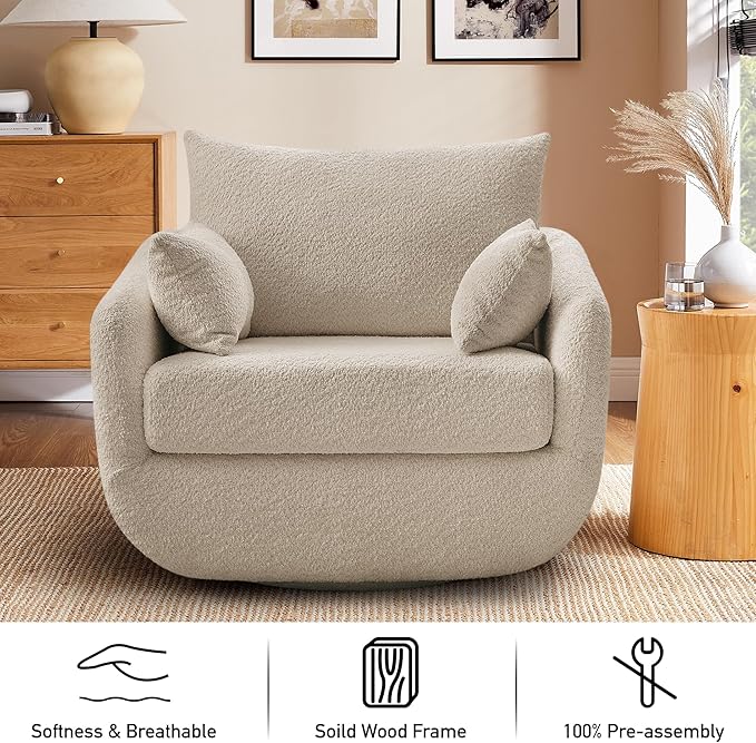360° Swivel Accent Armchair, 39.3" Oversized, Sherpa Boucle Fabric Sofa Chair with Removable Back & Arm Pillows, Swivel Chair with Cozy Soft Padded, No Assembly Required (1, Camel)-Ruum Studio Home