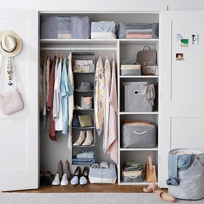 Amazon Basics 6-Tier Hanging Closet Shelf Organizer With Pockets, 8.5" D x 12" W x 9" H, Grey-Ruum Studio Home