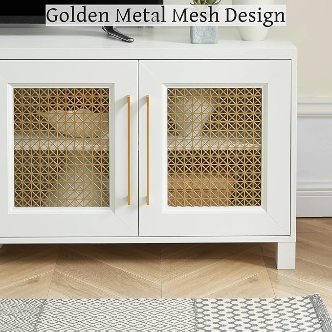 JYED Mid Century Modern TV Stand for TVs up to 75", 69.5" W White Entertainment Center with 4 Gold Metal Mesh Doors - Wood Grain MDF TV Console, Media Storage-Ruum Studio Home